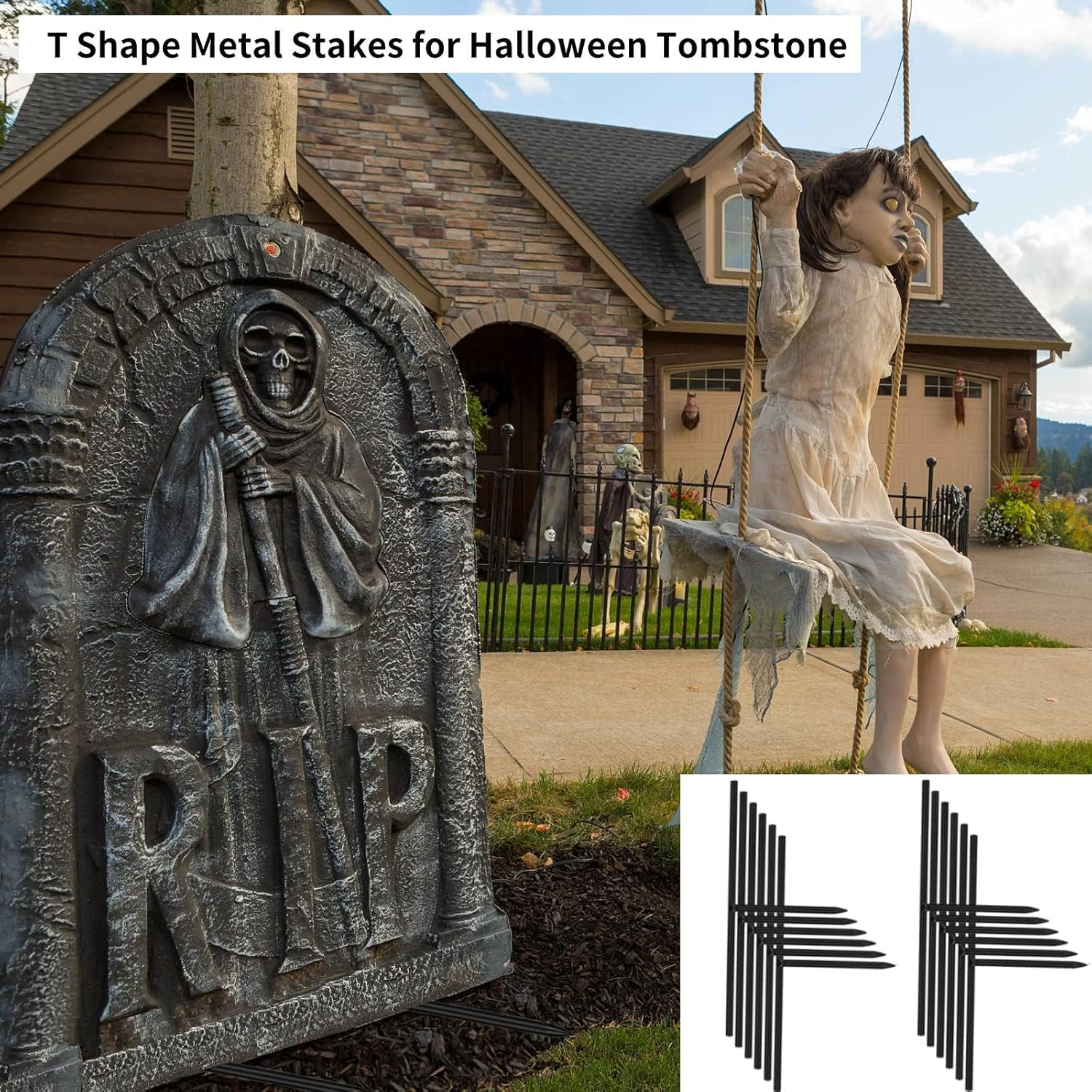 Halloween Tombstone Stakes 6.50 X 3.1 Inches Foam Graveyard Stakes 1/6 Inch Diameter Bold T Shape Metal Stakes for Halloween Tombstone Indoor and Yard Outdoor Decorations (24) image number 5