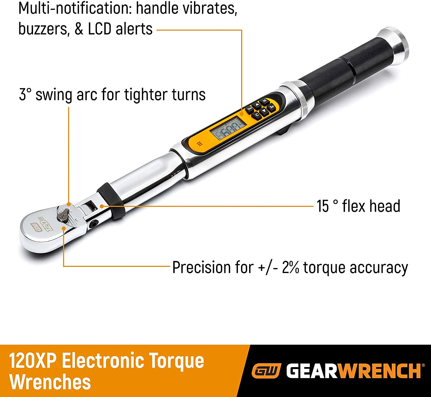 Gearwrench 85195 120XP Flex Head Electronic Torque Wrench with Angle, 3/8-Inch image number 1