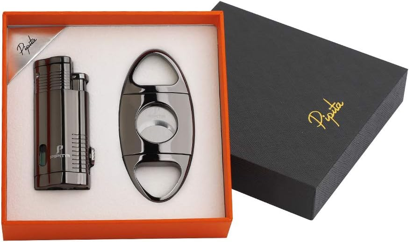 PIPITA Torch Cigar Lighter Gift Set,Windproof Triple Jet Flame Torch Lighter with Punch and Cigar Cutter Set, Refillable Buntane Gas Lighters (Without Gas) image number 4