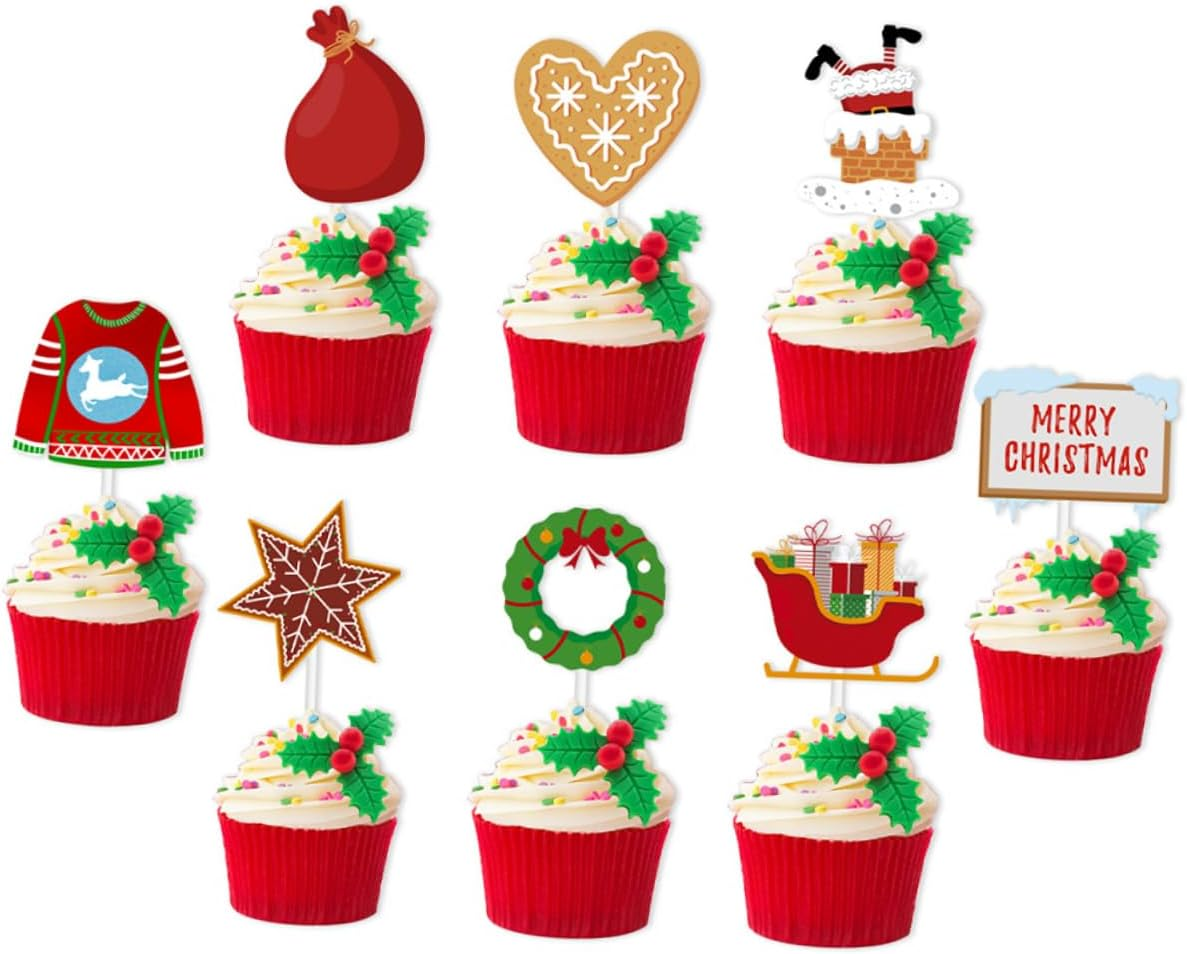 CANIGHT 2 Pack Christmas Cake Decorations Birthday Cake Inserts 24Pcs Xmas Themed Cupcake Toppers Festive Cake Baking Accessories