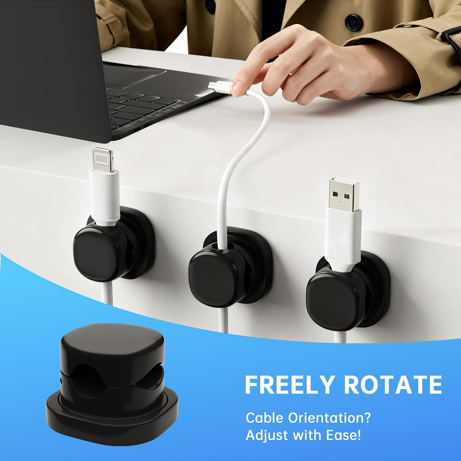 6 Pack Cord Organizer, 1S Lock, Eosxrp Spring Cable Holder Clips with 360&deg; Rotation Adhesive Desk Cables Management Clip Phone PC Car Wire Organizing Keeper for Nightstand Office Wall image number 1