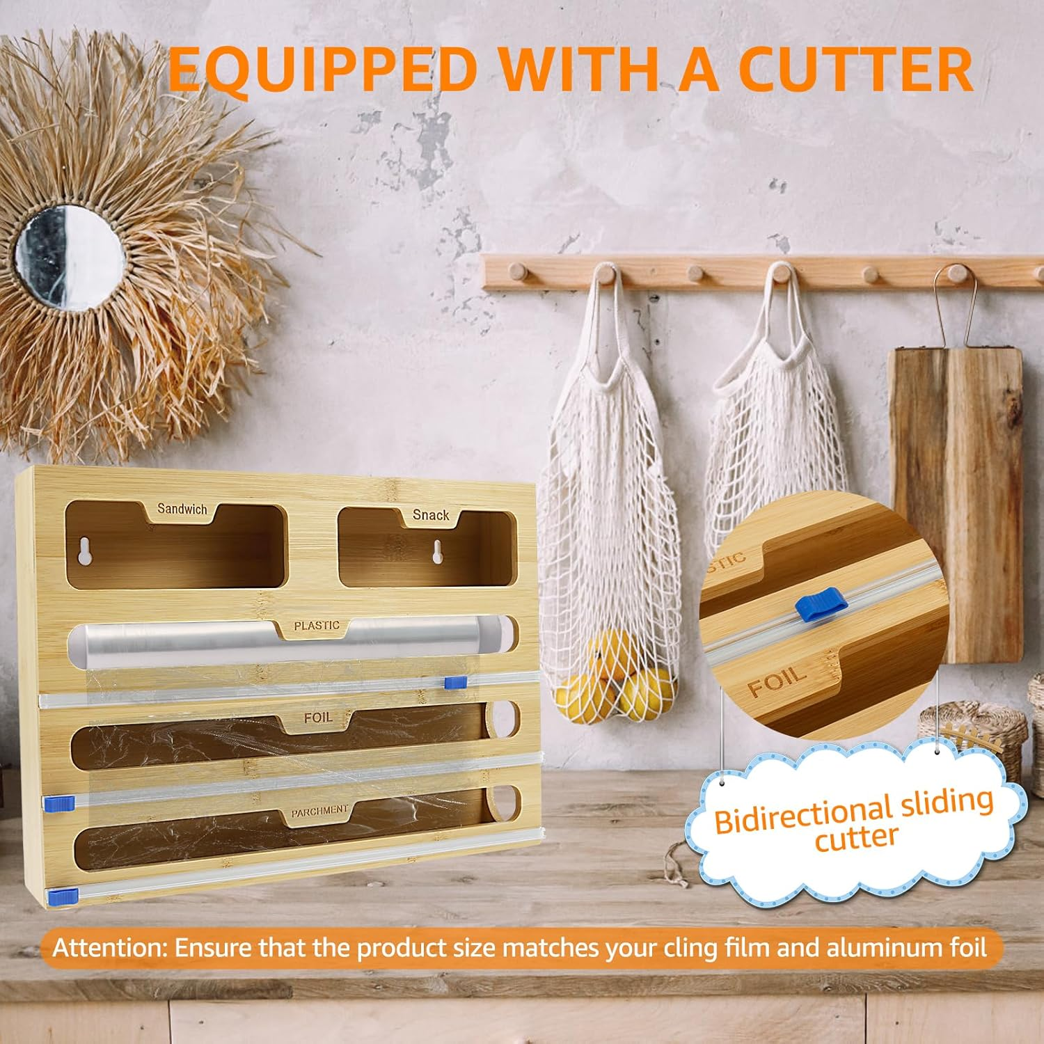 5 in 1 Bamboo Plastic Wrap Dispenser with Cutter Versatile, Foil Dispenser and Cutter for Kitchen Storage Drawer Organization,Cling Film Dispenser for Restaurant Bakeries Fruit Store image number 4