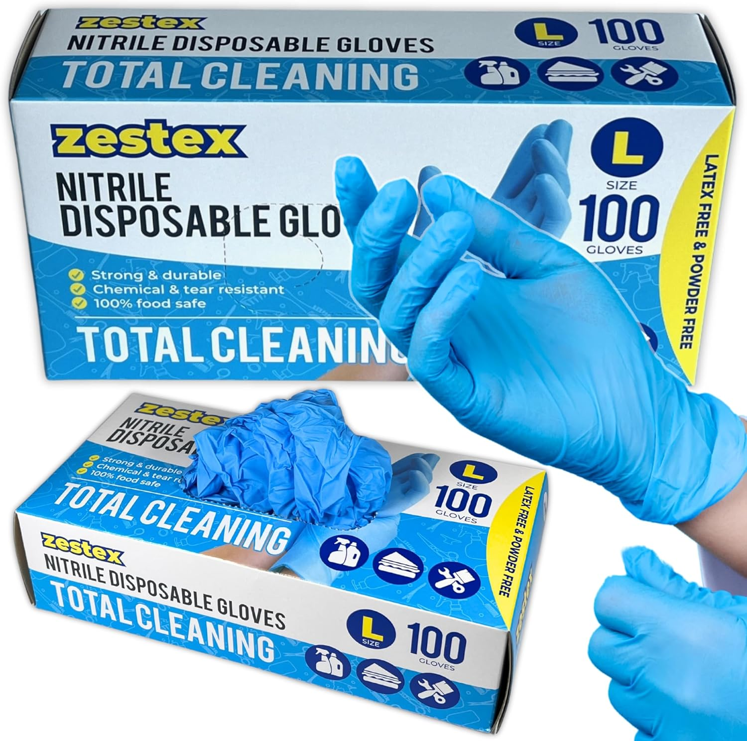 Zestex Nitrile Total Cleaning, Latex-Free & Powder-Free, Non-Sterile Food Safe Cleaning Disposable Glove, Blue, Large, Case/100 image number 2