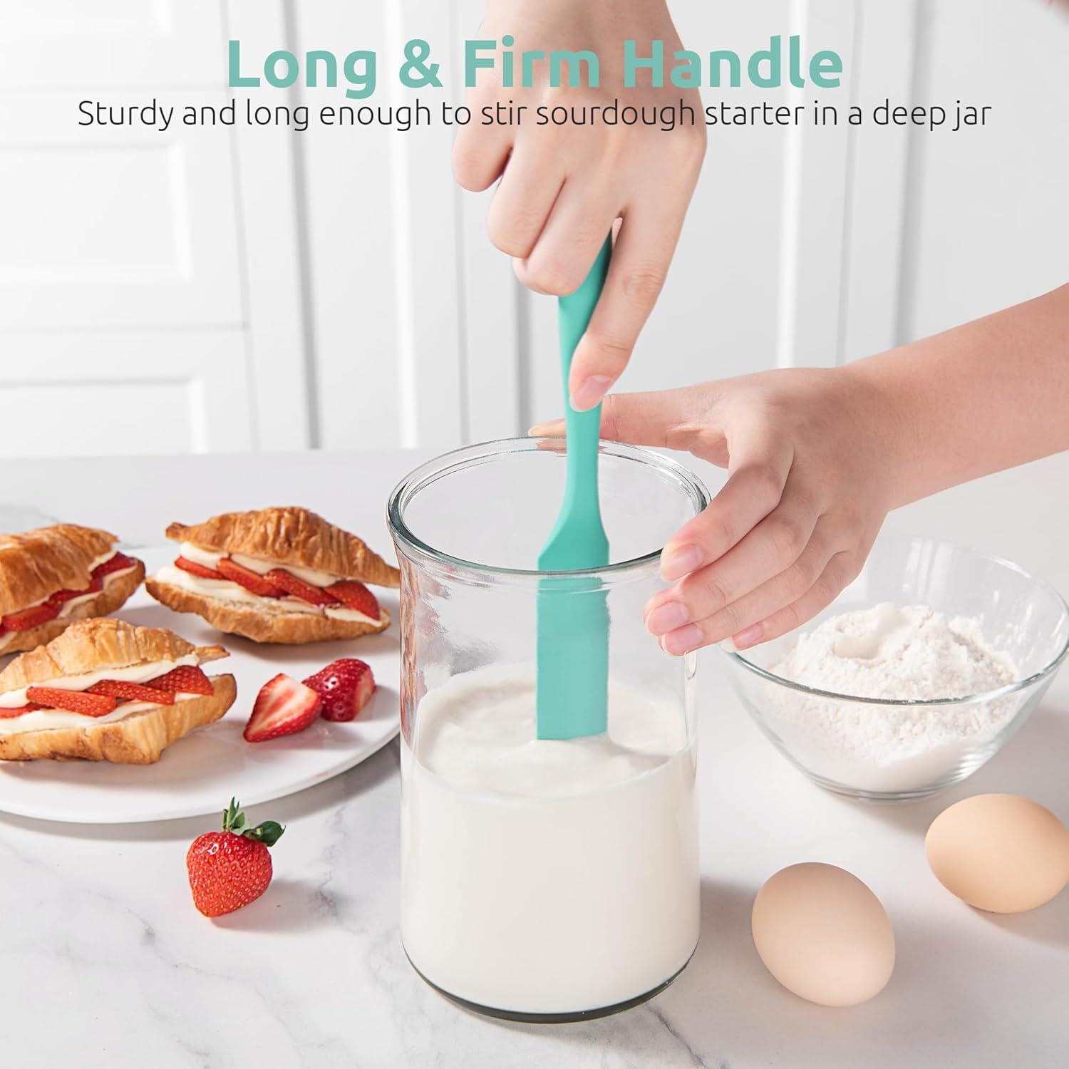 U-Taste 25Cm Jam Jar Spatula: 315℃ Heat-Resistant Silicone Long Skinny Sourdough Stirring Stick, Sturdy Flexible Narrow Peanut Butter Spreader for Mixing Icing Scraping Cream (Aqua Sky) - Midnight Blue image number 3