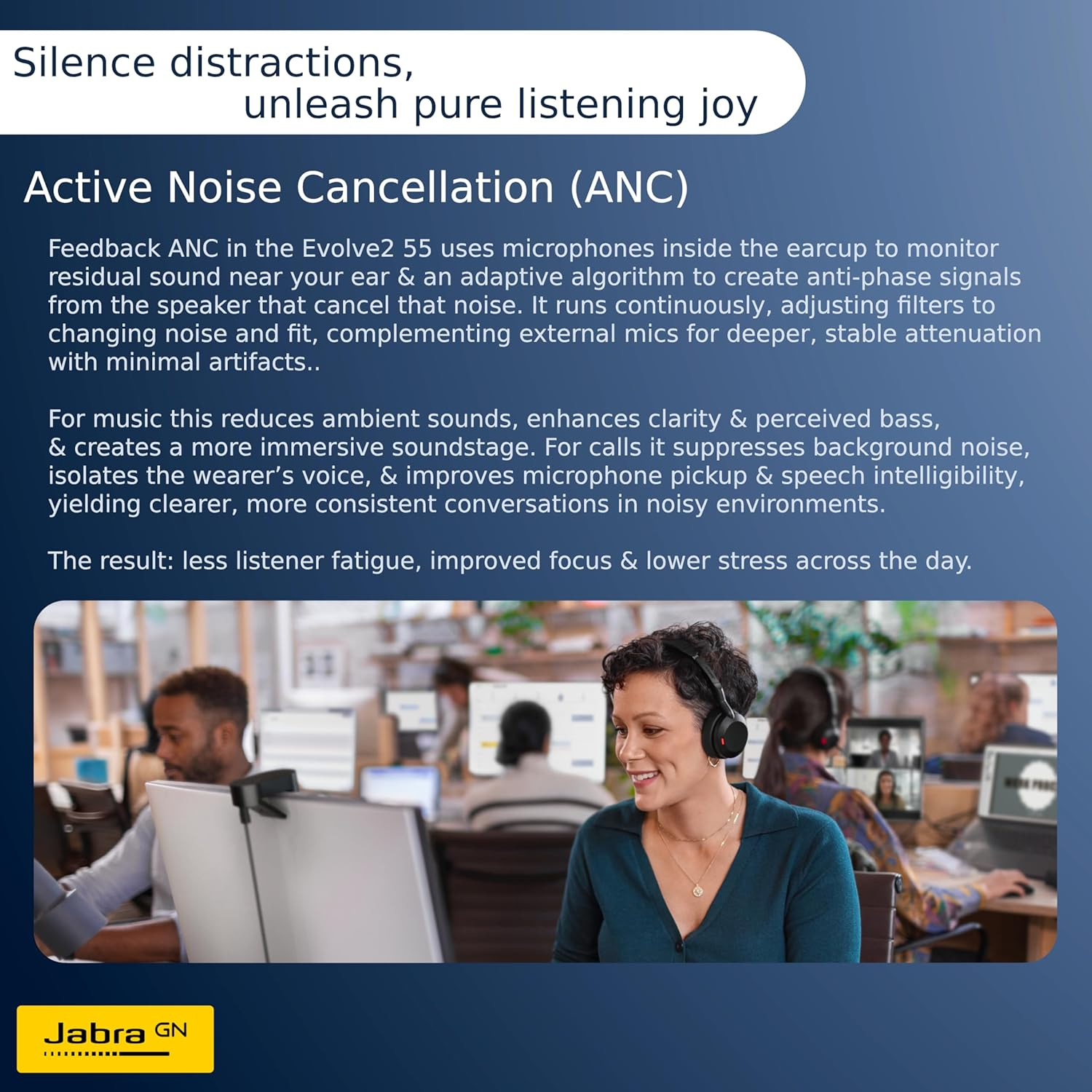 Jabra Evolve2 55 Wireless Headset - Bluetooth - 3X Mic - ANC Active Noise Cancelling in Microphone & Headphones - 18Hr Batt - 30M Range - Lastest PC Headsets with UC Cert Zoom + Teams - USB C - Mono