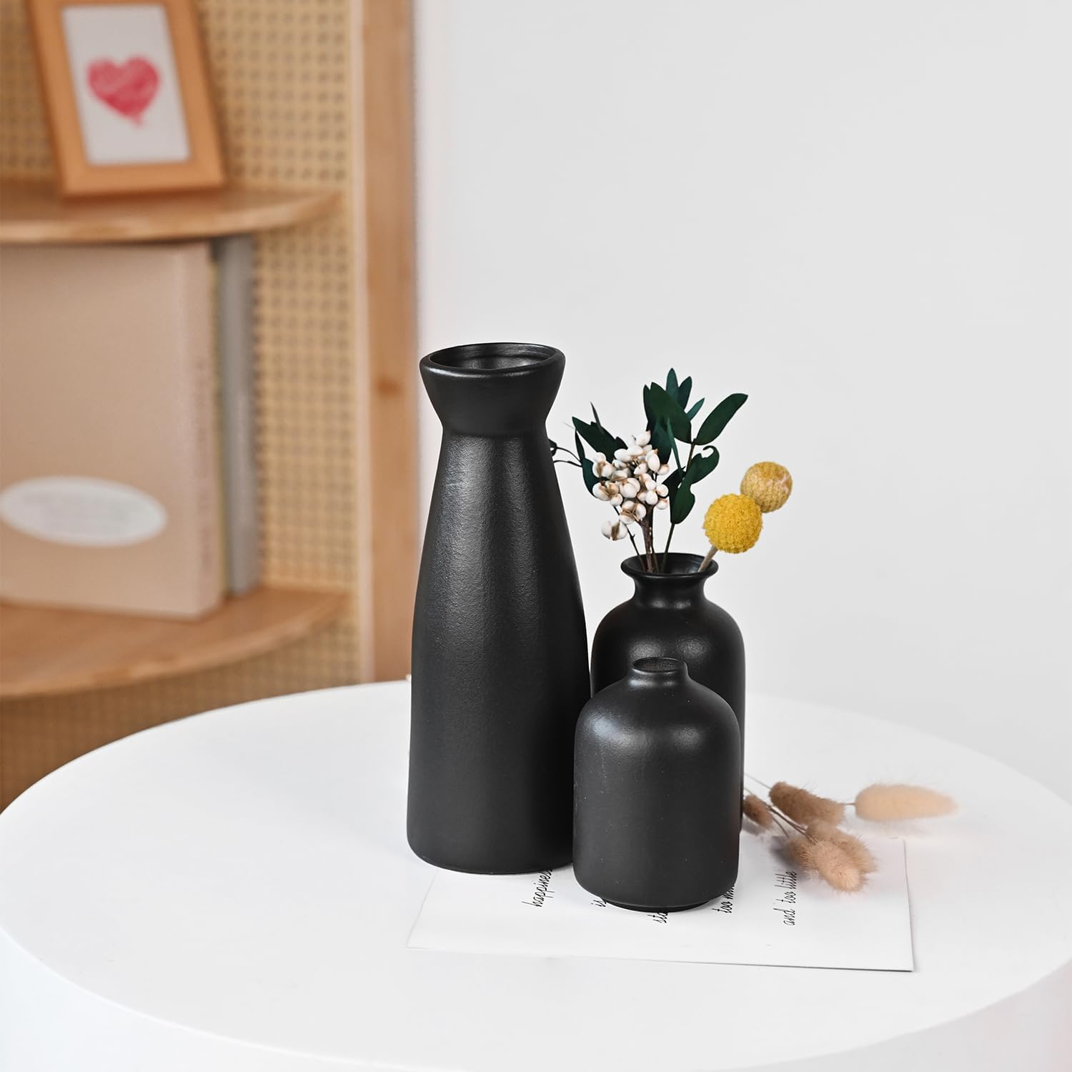 Black Ceramic Vase Set-3 Small Flower Vases for Decor Boho Vase Distressed Farmhouse D&eacute;cor, Pottery Decorative Flower Vase for Home Decor, Table, Living Room Decor, Idea Shelf