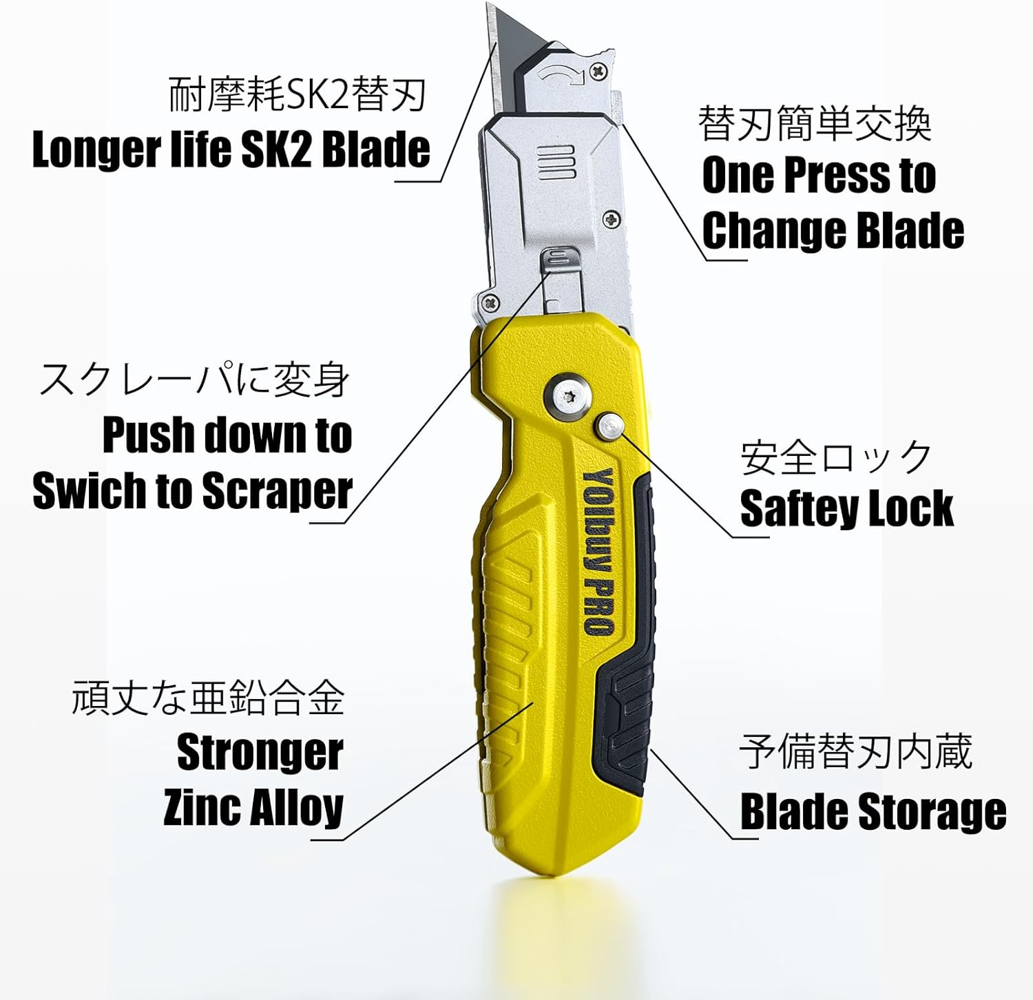 Yoibuy PRO Foldable Utility Knife with Scraper Function, Holds 2 Replacement Blades, Zinc Alloy Body, SK2 Replacement Blade image number 2