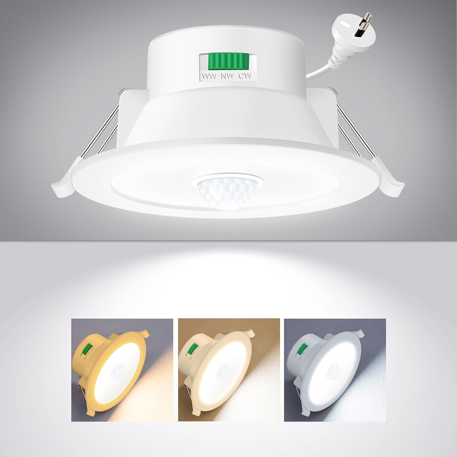 ALUSSO LIGHTING LED Recessed Ceiling Light with Motion Sensor, 12W 90-100Mm Cutout 3000K Warm/4000K Neutral/6500K Cool White Selectable Downlight, IP44 Waterproof for Balcony Corridor Entrance image number 3