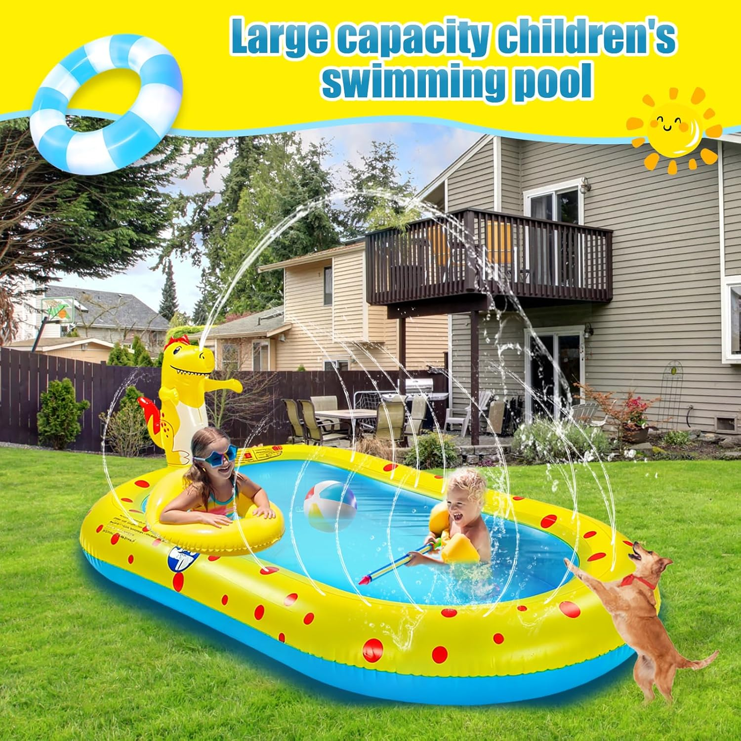 Inflatable Sprinkler Pool for Kids, Cute Dinosaur Kiddie Pool, 3-In-1 Backyard Splash Pad Swimming Outdoor Water Toys for Toddlers(Yellow) image number 5