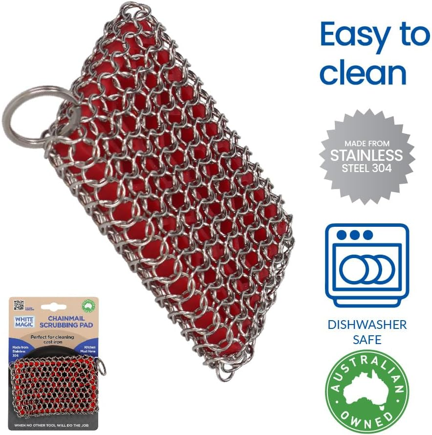 White Magic Chainmail Scrubbing Pad &ndash; Premium Stainless Steel 304, Heavy-Duty Cleaning for Stubborn Residue, Built-In Hang Loop, Dishwasher Safe, Perfect Scrubbing Power for Cast Iron Cookware image number 1