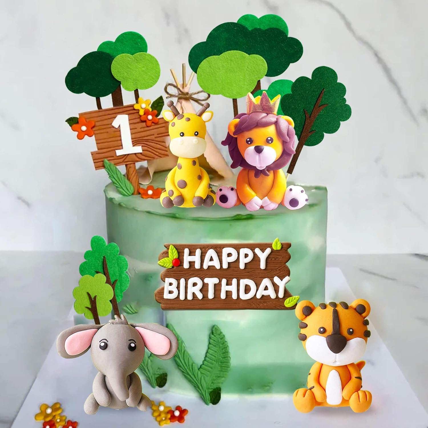 Jevenis Jungle Animals Cake Decorations Wild One Cake Decoration Safari Cake Decoration Giraffe Elephant Lion Tiger Cake Jungle Animals Birthday Party Party Decorations image number 4