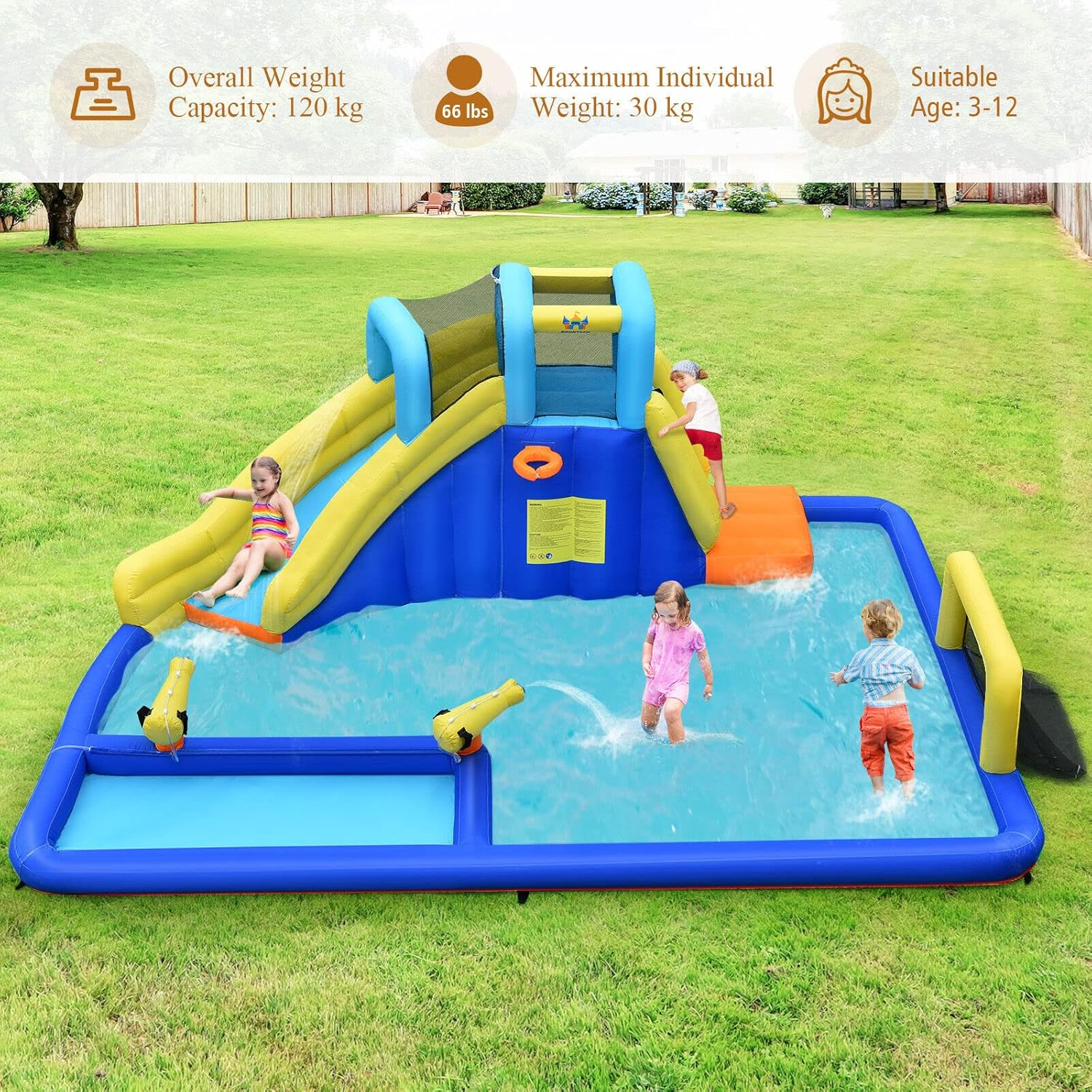 HONEY JOY Inflatable Water Slide for Kids, 6-In-1 Kids Giant Water Park W/Large Water Soccer Splash Pool, Water Cannons, Basketball Rim, Blow up Kids Water Slide for Backyard (With 680W Blower) image number 6