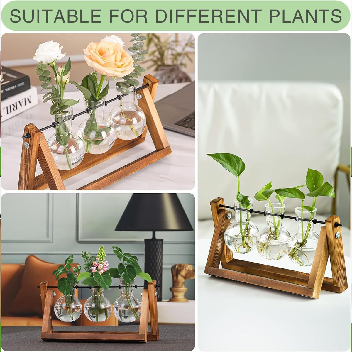 Plant Terrarium Wooden Stand Propagation Stations Glass Hydroponics Bulb Vase Desk Plants Holder for Gardening Office Home Decor 3 Glass Vase image number 6