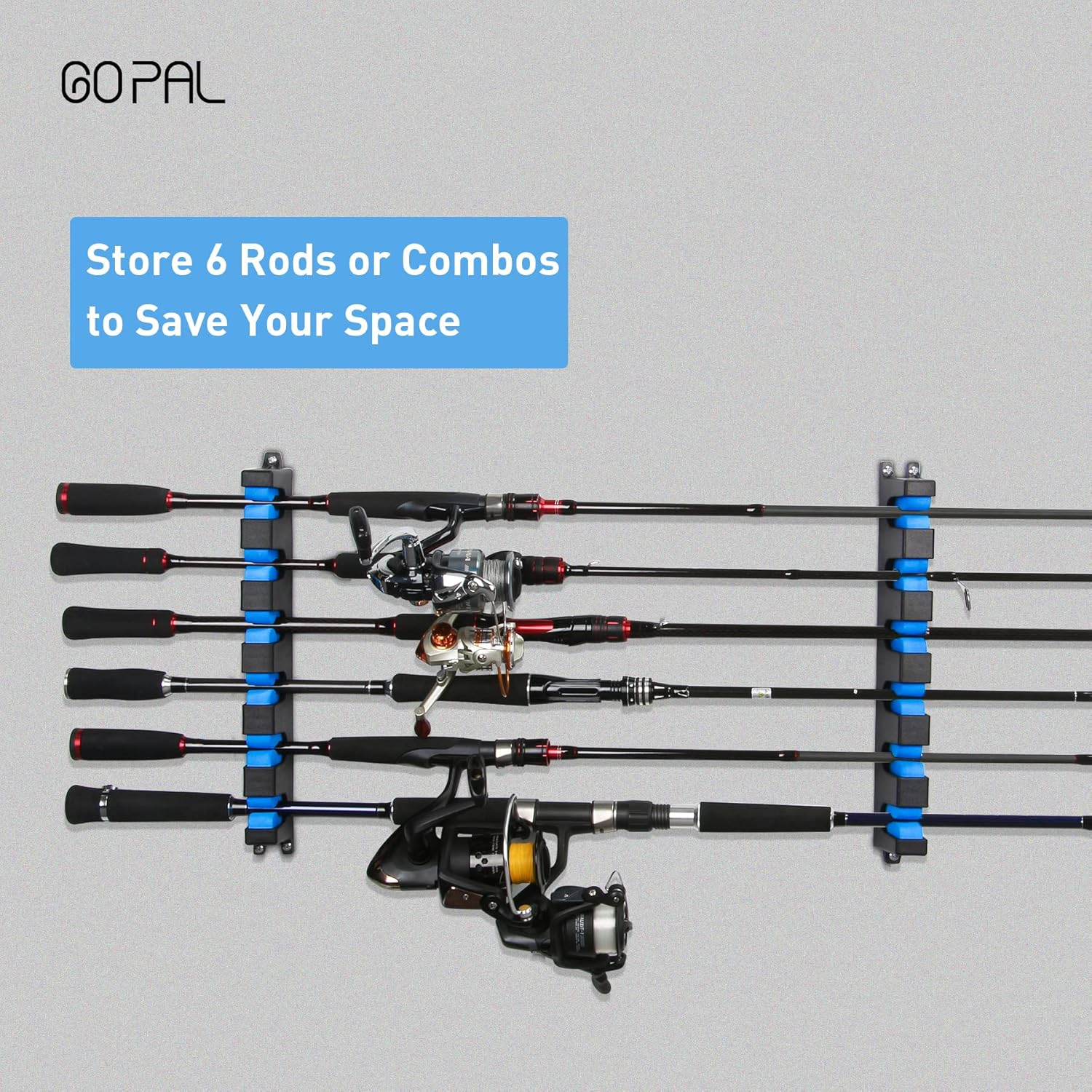 Go Pal RR1 Horizontal Fishing Rod Holder Store 6 Rods or Fishing Rod Combos Wall Mounted Fishing Rod Rack for Garage, Horizontal 6-Rod Rack image number 4