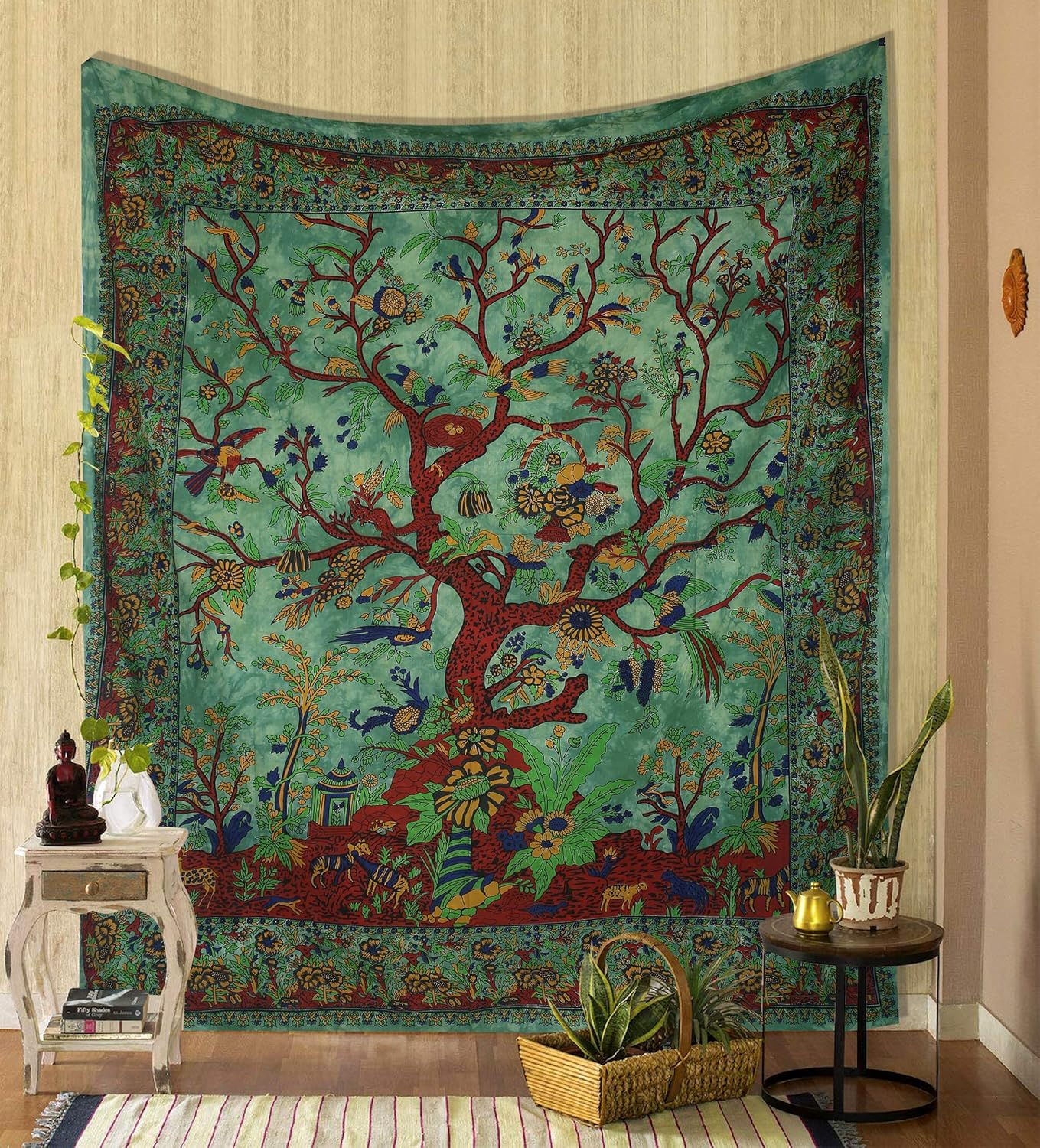 THE ART BOX Tapestry Green Tree of Life Wall Hanging Psychedelic Tapestries Indian Cotton Twin Bedspread Picnic Sheet Wall Decor Blanket Wall Art Hippie Bedroom D&eacute;cor (Medium, 60X54 Inch)