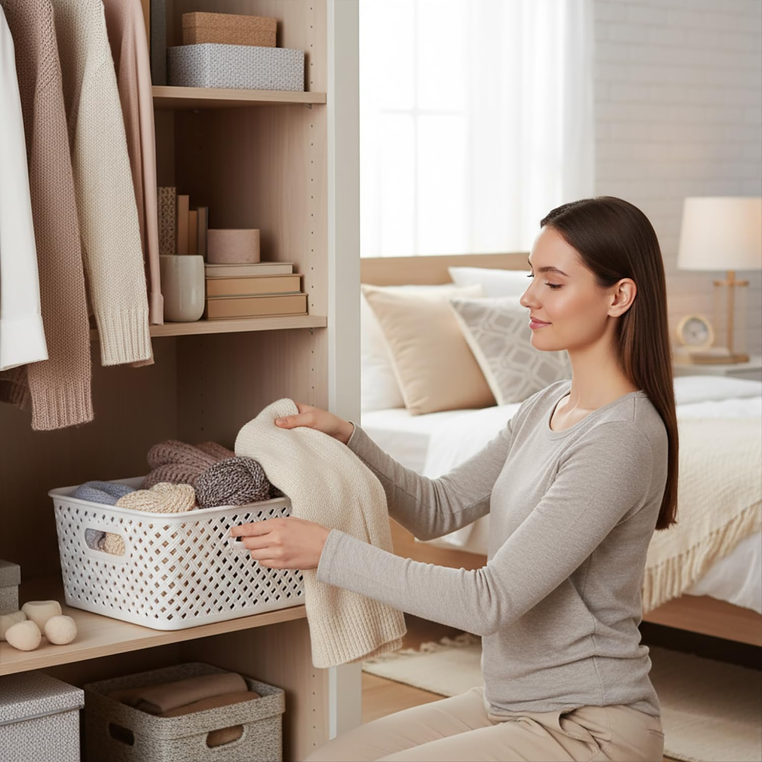 6-Pack Plastic Storage Baskets, Stackable Weave Baskets, Household Sundries Storage Baskets for Organizing Closets, Cabinets, Pantries, Shelves and Countertop Space (6 Pack-White-Plastic Lid) image number 6