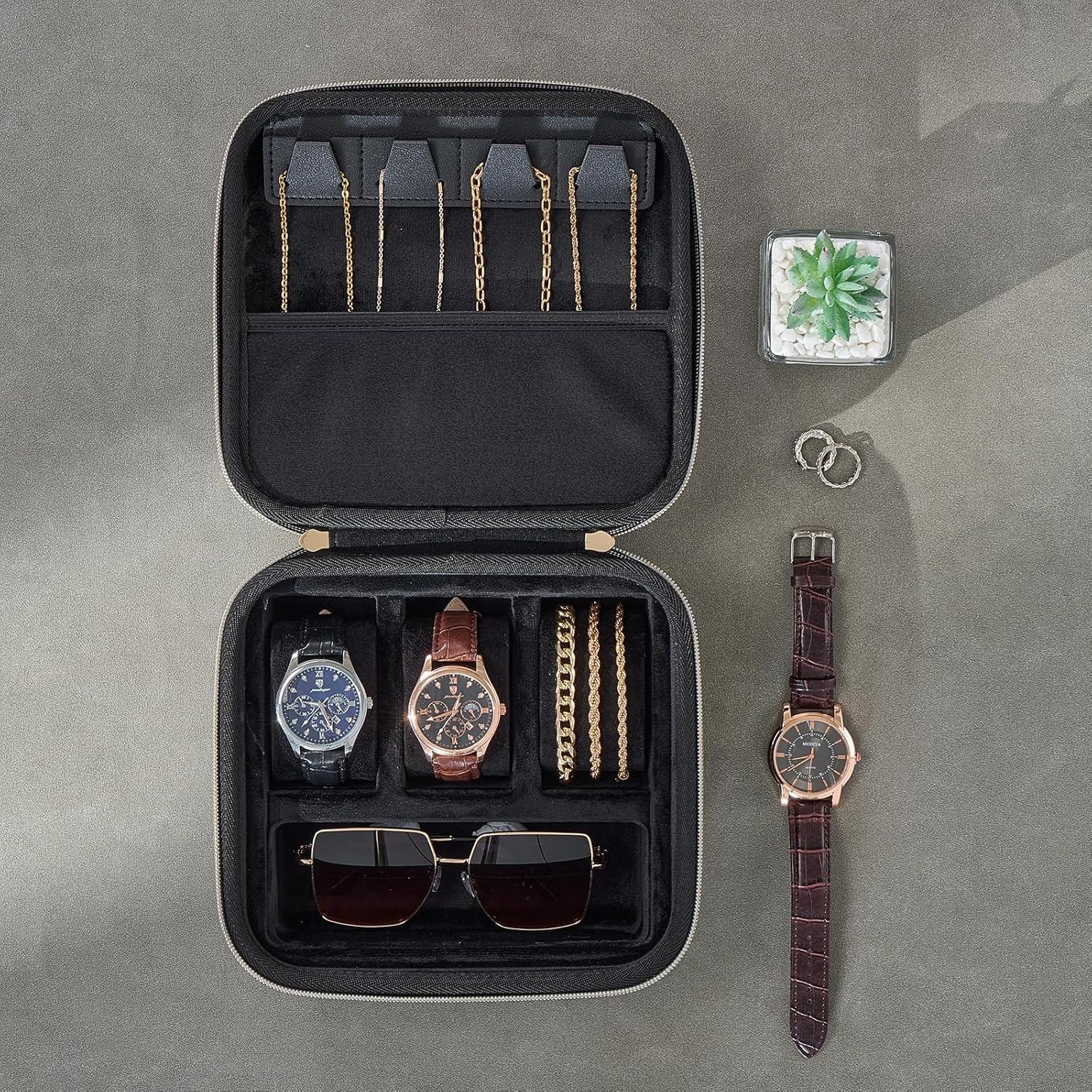 Procase Mens Medium Jewelry Storage Case, 3 Slots Travel Watch Accessories Carrying Box, Glasses Necklaces Rings Bracelets Zippered Organizer Bag for Male -Black image number 5