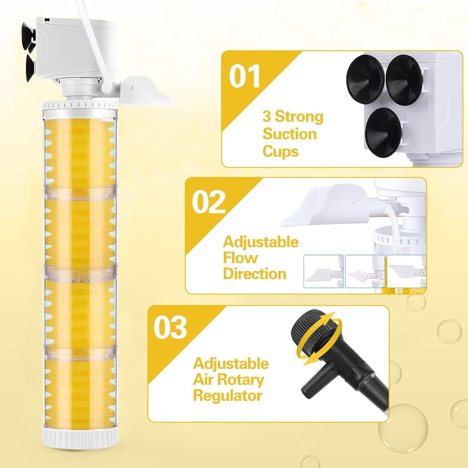 35W Submersible Aquarium Filter for 30-800 L, 3-In-1 Biochemical Sponge Filter for Aquarium Filtration/Oxygenation/Circulation, up to 2500L/H Adjustable Internal Fish Tank Filter (Yellow) image number 2