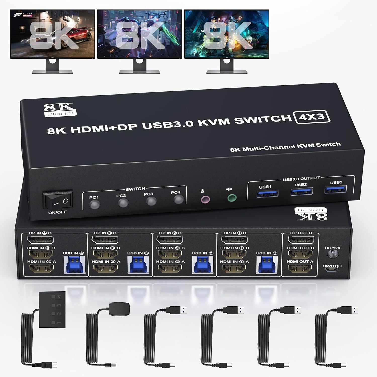 KVM Switch 3 Monitors 4 Computers 8K@60Hz 4K@144Hz, 2 HDMI +1 Displayport KVM Switch Triple Monitor for 4 Computer with Audio and 3 USB 3.0 Ports, KVM Triple Monitor Keyboard Mouse Switcher image number 5