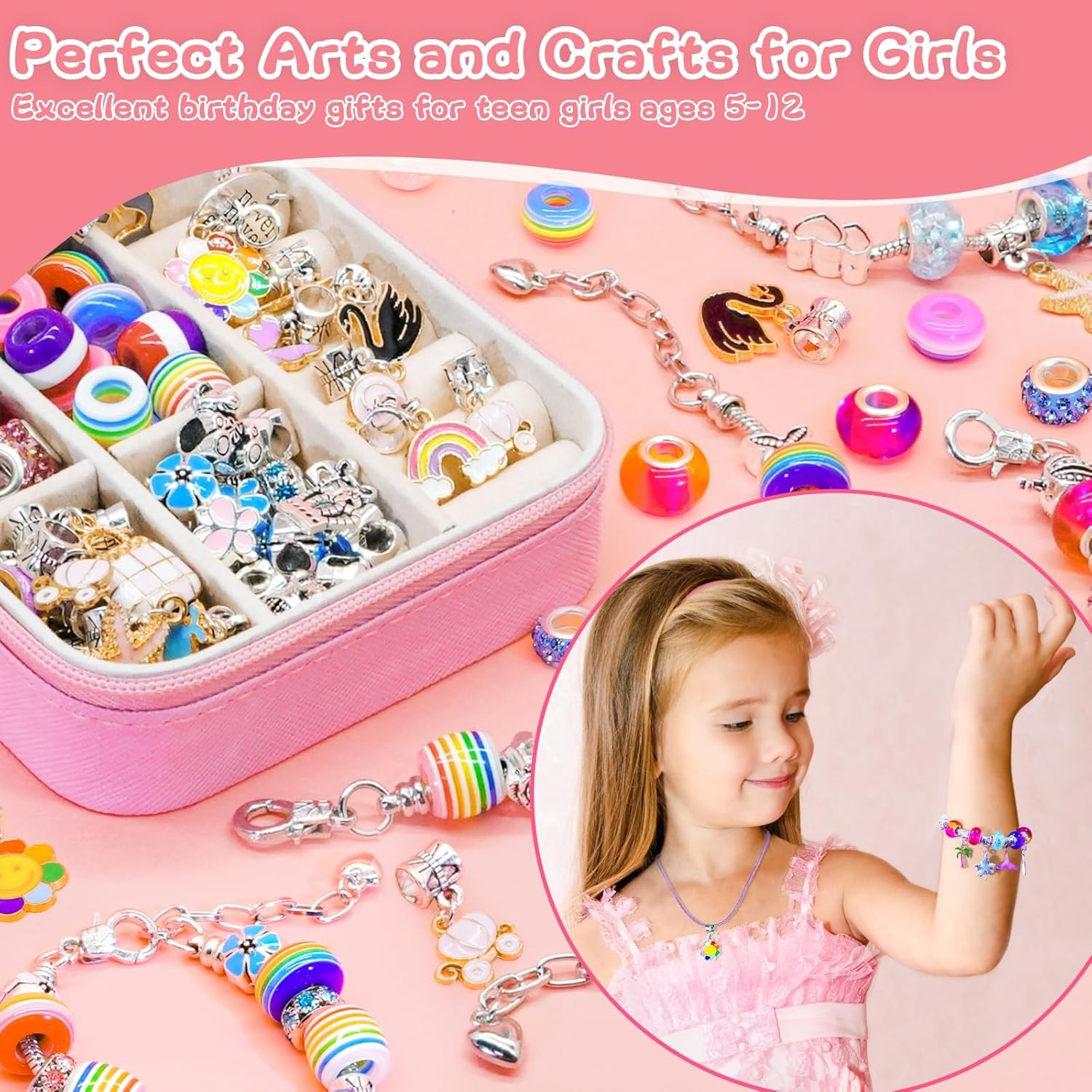 MOTYYA Charm Bracelet Making Kit for Girls 8-12, Art & Crafts for Ages 6-8 Kids DIY Jewelry Making Kit with Initial Box Perfect Personalized Gift 7+ 9 10 11 Year Old Girls Birthday Christmas Stuff - S image number 3