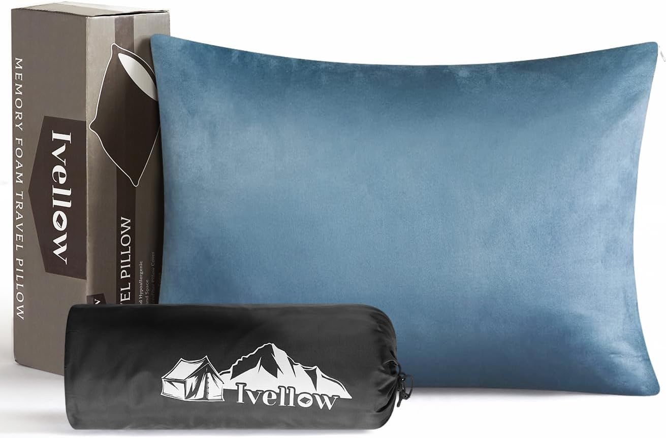 Ivellow Memory Foam Travel Pillow Compressible Camping Pillow for Sleeping Shredded Memory Foam Pillow Compact Firm Supportive Travel Pillow for Adults Kids Outdoor Backpacking Hiking Essential Gear