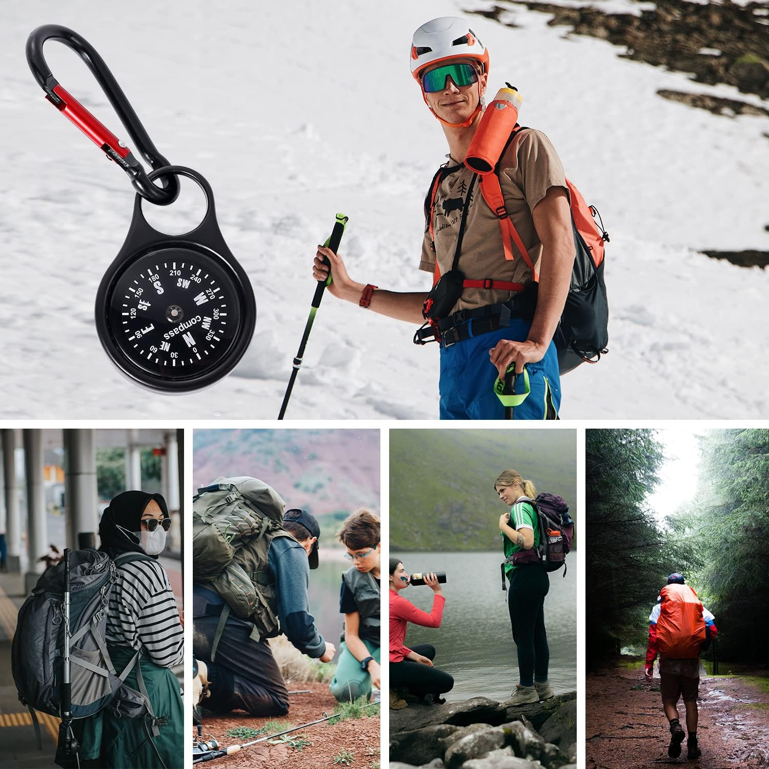 Camping Survival Compass, Pocket Portable Keychain Compass Survival Compass Navigation Tool Hiking Compass with Carabiner for Outdoor Hunting Climbing Backpacking image number 1