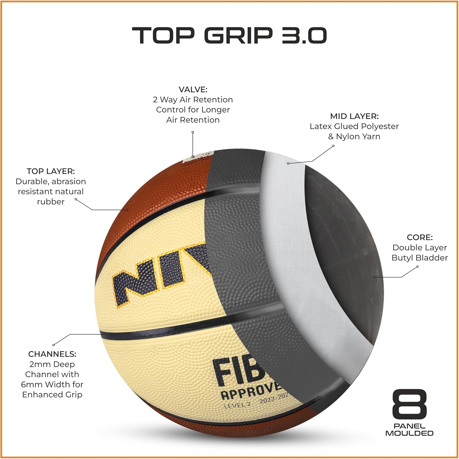 Nivia Top Grip Basketball | Color: Brown | Size: 5 | Rubberized Moulded | for Adults | Panels 8 | Machine Stitched | Suitable for Hard Surface, Wooden Flooring, Indoor Synthetic Surface image number 1