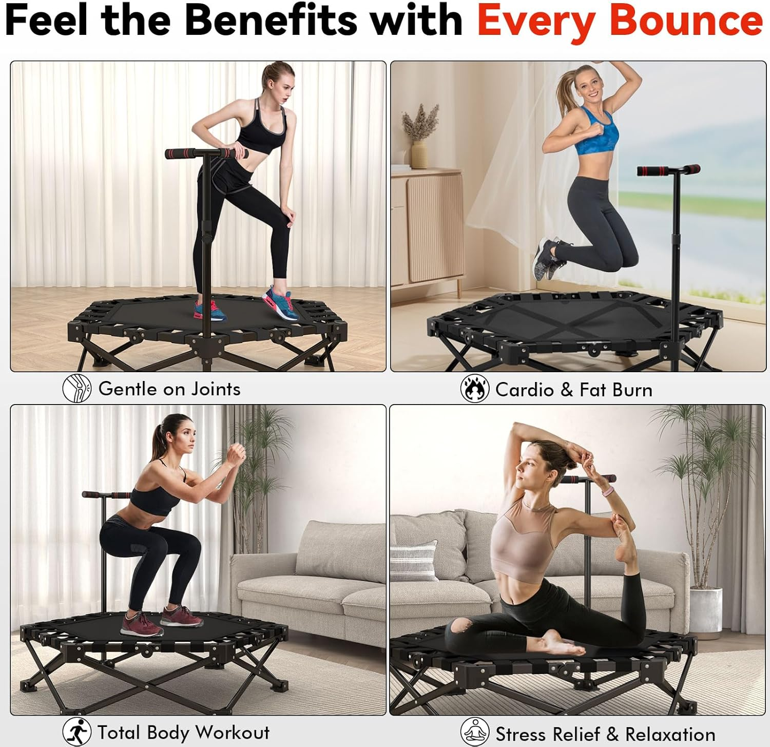 42" Folding Trampoline for Adults Hexagon Workout Trampoline with Steel Frame, Stable Triangular Base, Rebounder for Adults with Bar Mini Trampolines Indoor Adult Supports up to 330LB image number 3