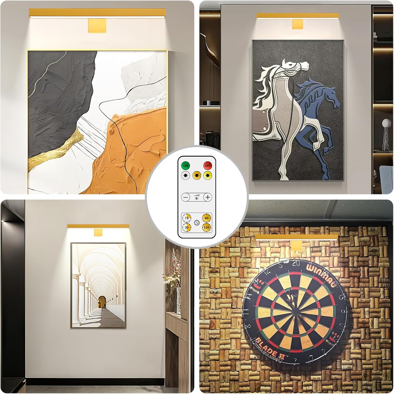 Picture Light Battery Operated, 16In Wireless Art Light Rechargeable, Cordless Display for Paintings with Remote, Timer, Dimmable Wall Sconce for Portraits, Frames, Gallery (Gold) image number 6