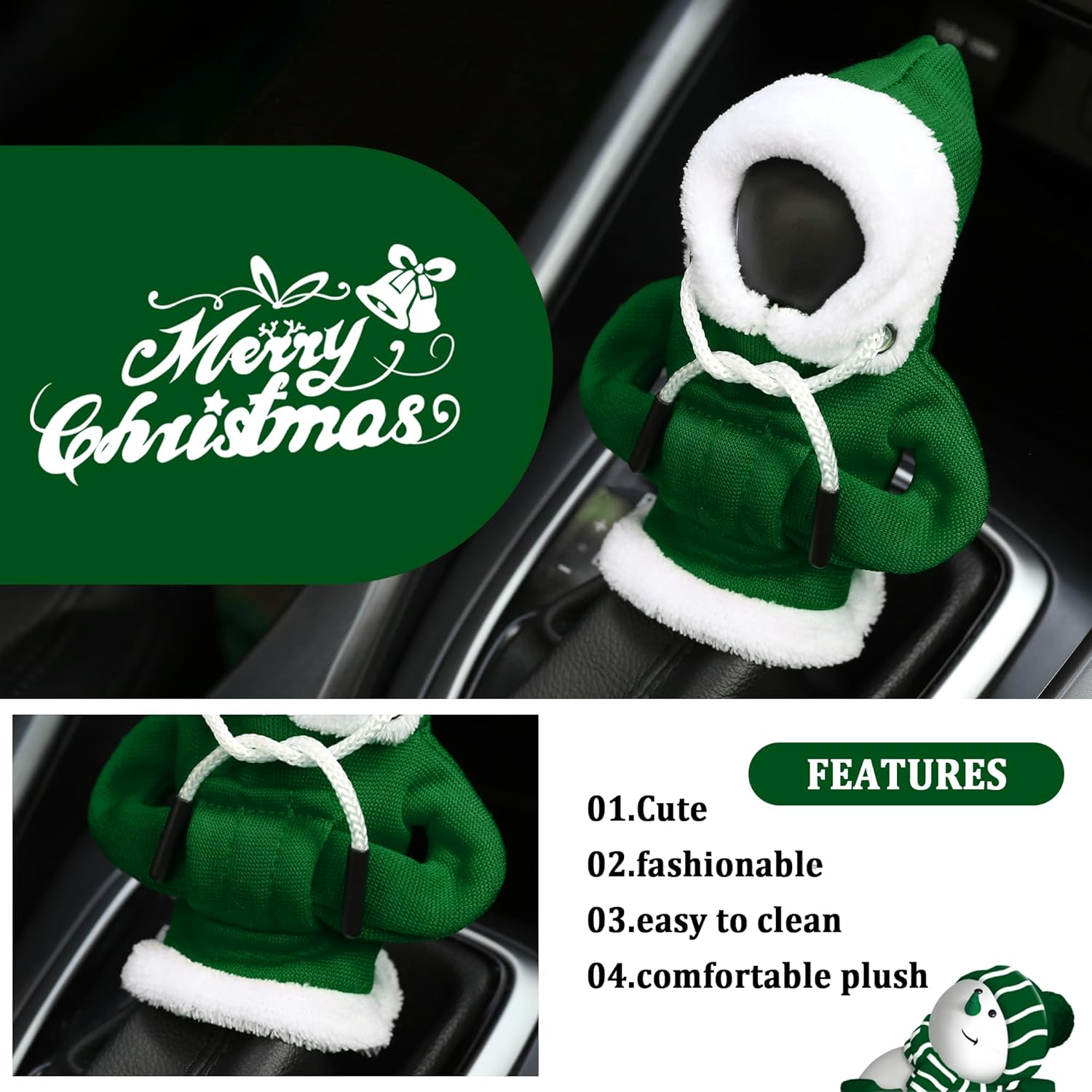 OFBAND Hoodie Car Gear Shift Cover,Christmas Car Decor Gear Shift Knob Cover for Manual/Automatic Shift Knob,Universal Interior Car Accessories Hoodie for Gearr Shifter Knobs (Christmas Green)