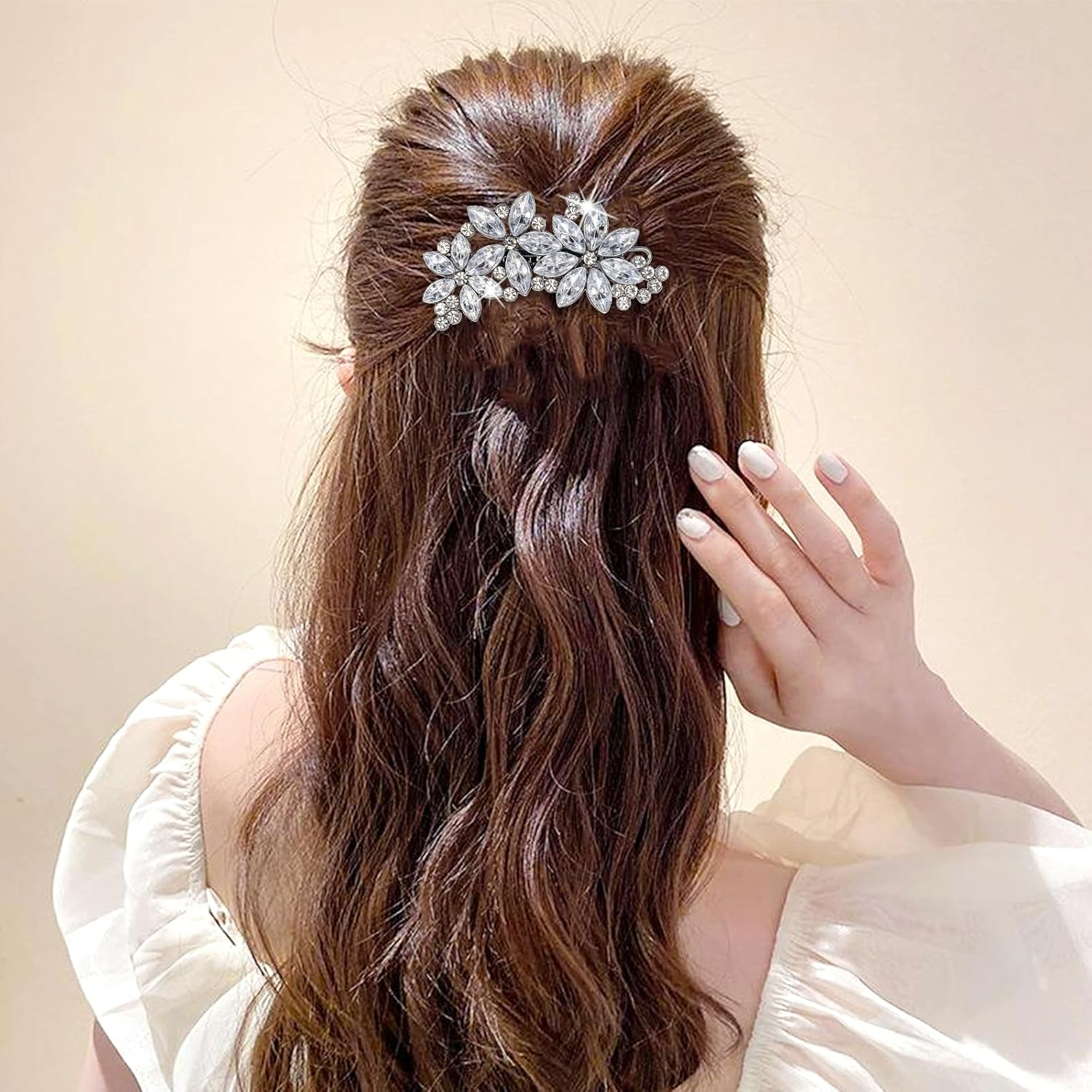 Lnngub Pack of 2 Rhinestone Hair Clips Silver Flower Shape Stainless Steel with Rhinestones Vintage Glitter Women'S Hair Clip for Wedding, Engagement, Dating, Gathering, Party, Dance, Daily Life