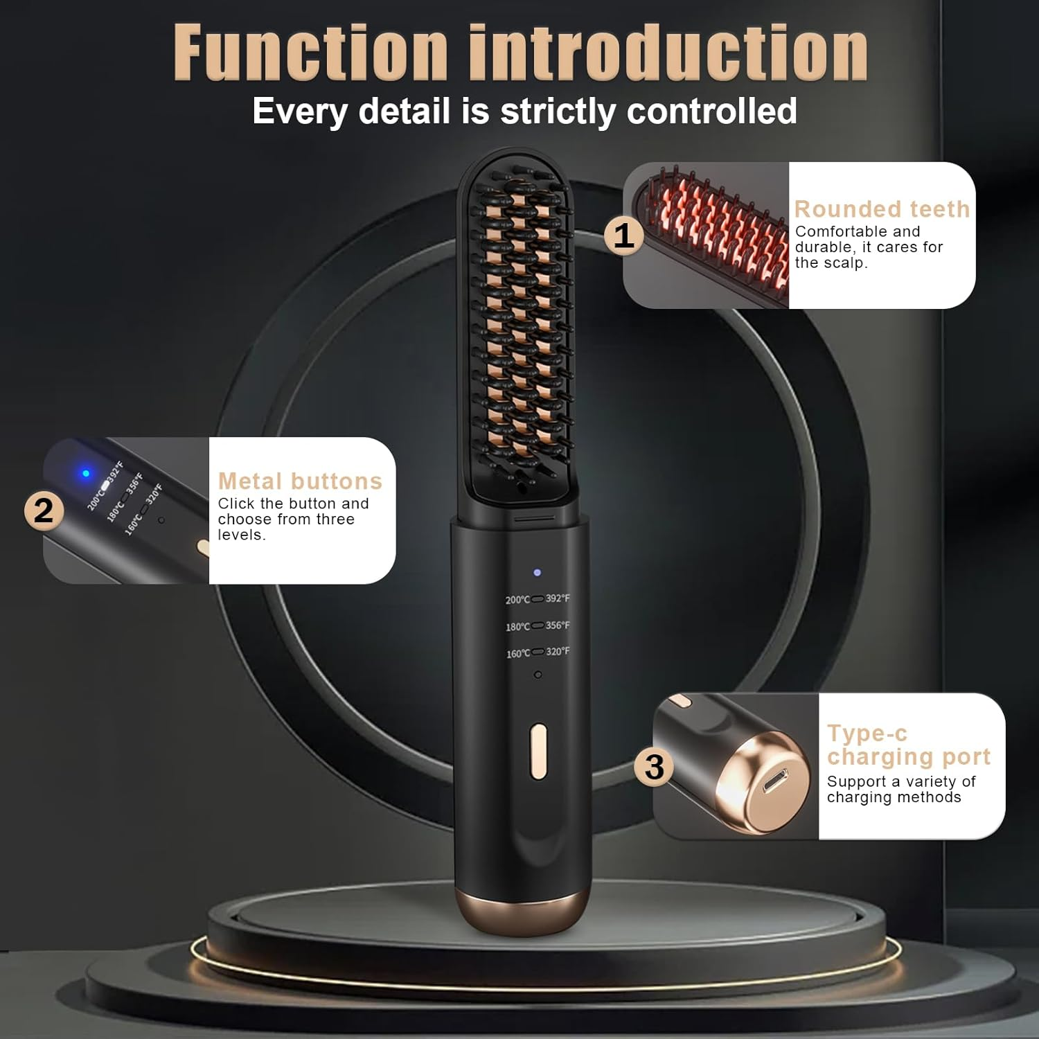 Hair Straightener Brush, Hair Iron with Built-In Comb,Wireless Heated Beard Straightener Comb with Ionic Technology, 3 Temperature Settings, Anti-Scald, Portable for Home Travel,Hair Straightener That Reduces Styling Time (Black Gold) image number 5