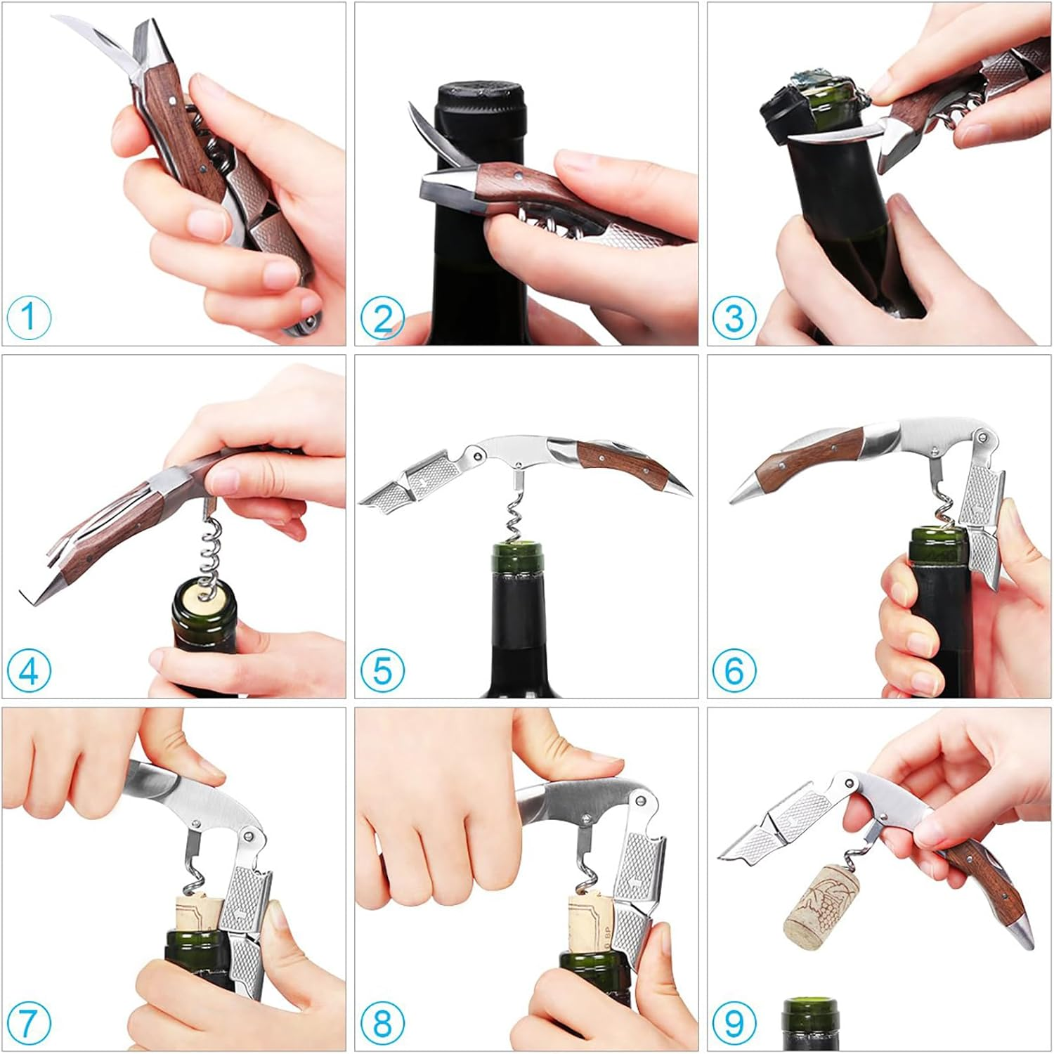 XBOGO Professional Wine Opener Corkscrew Bottle Opener Beer Opener Foil Cutter All-In-One Stainless Steel Cap Opener with Rosewood Handle Best Choice of Housewives Sommeliers Waiters and Bartenders image number 1
