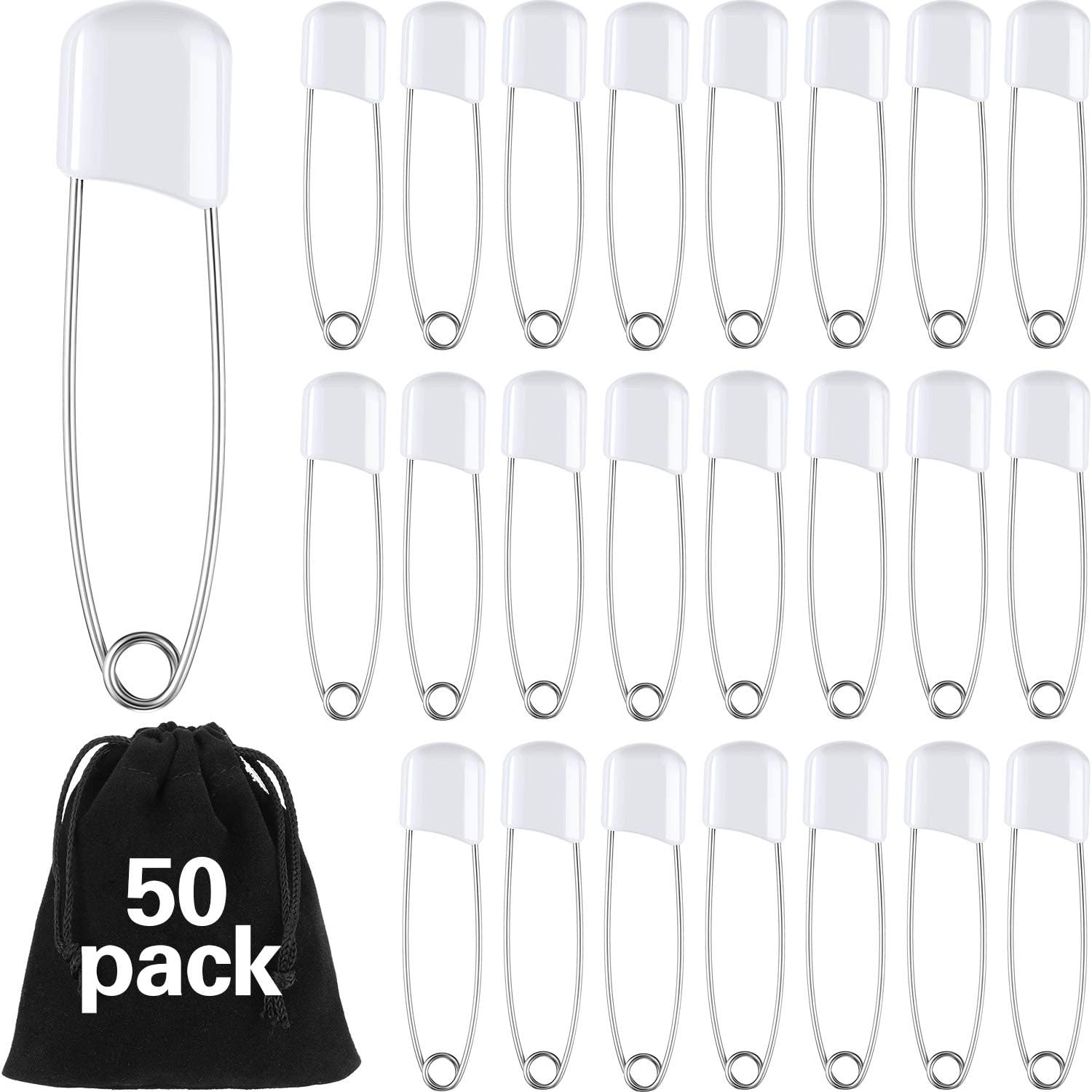WILLBOND 50 Pieces White Baby Safety Pins, 2.2 Inch Plastic Head Cloth Diaper Pins with Locking Closures, Stainless Steel Nappy Pins with Velvet Bag image number 2