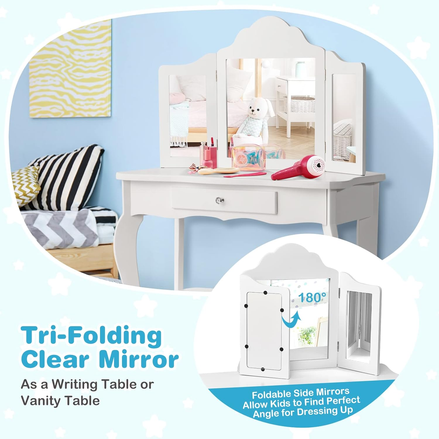 Costway Kids Vanity Table & Stool Set, Toddler Princess Dresser Table W/Tri-Folding Mirror & Large Drawer, 2-In-1 Detachable Mirror Top Design, Smooth Surface, Versatile Use, Easy Assembly image number 5
