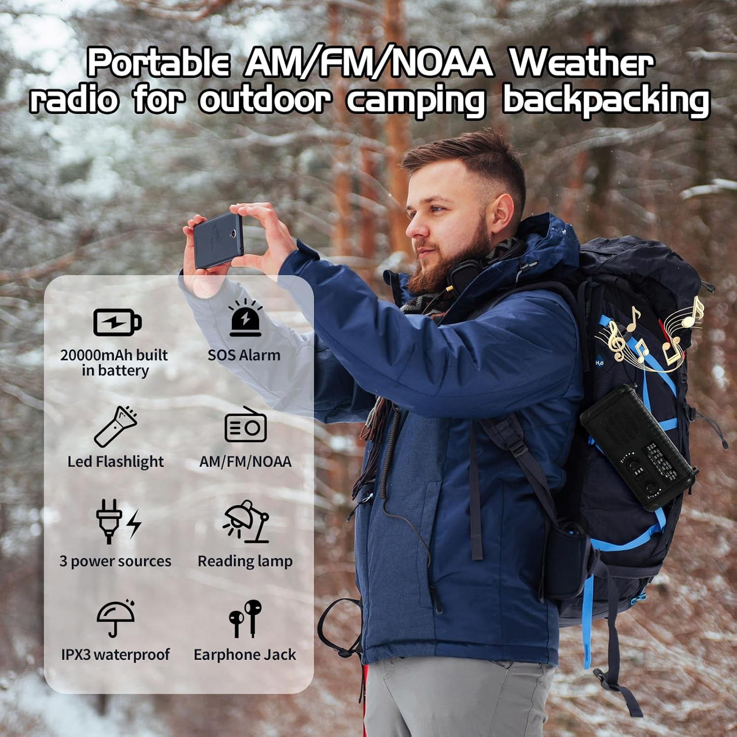 Emergency Weather Radio,20000Mah Solar Radio, Hand Crank Radio with AM/FM/NOAA, Portable Radios with Flashlight & Reading Lamp, Earphone Jack,Sos Alarm, Phone Charger for Indoor Outdoor Emergencies image number 2