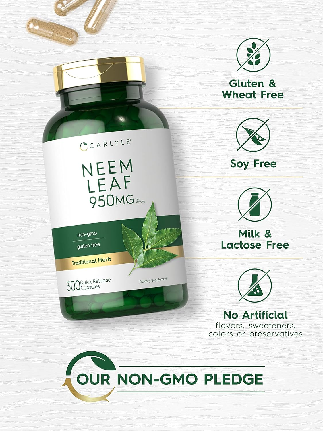Neem Leaf | 950Mg | 300 Powder Capsules | Non-Gmo and Gluten Free Formula | Value Size | Traditional Herbal Supplement | Azadirachta Indica | by Carlyle image number 1