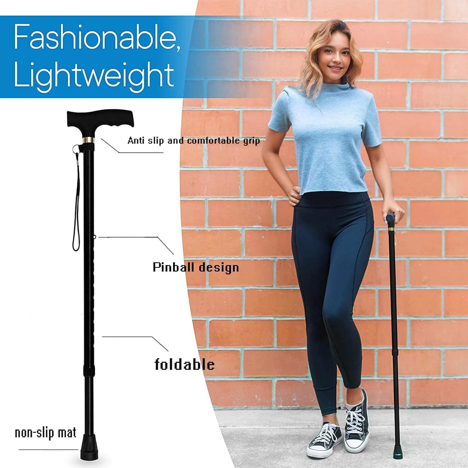 Folding Cane - Adjustable Height Lightweight Walking Stick for Seniors - Portable Travel Cane with Wrist Strap and T Handle image number 2