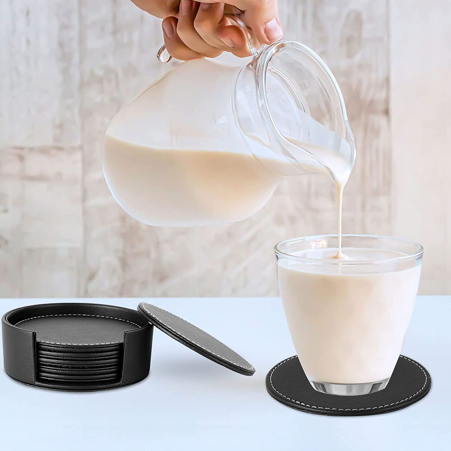 CARLWAY Set of 6 Leather Drink Coasters round Cup Mat Pad for Home and Kitchen Use Black, 3.94", 10Cm, image number 2