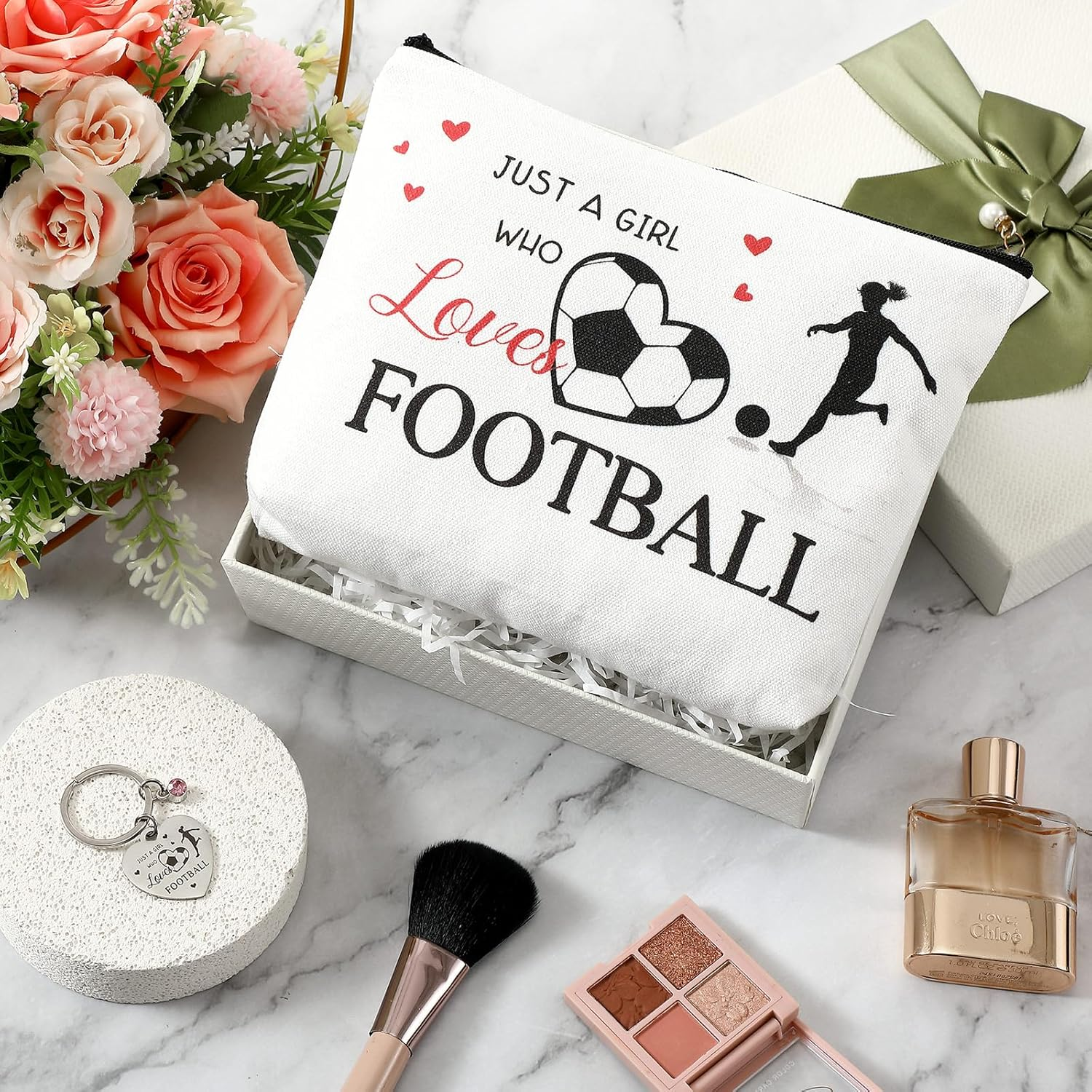 Xuniea 2 Pcs Football Gifts for Women Include Football Makeup Bag and Keyring Soccer Gifts Stuff for Birthday Christmas Party image number 6