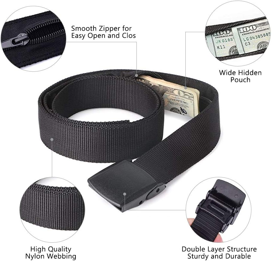 Travel Money Belt Nylon Security Unisex Hidden Money Pocket Belt Breathable Tactical Money Pouch with Plastic Buckle, Black, Travel Wallet image number 1