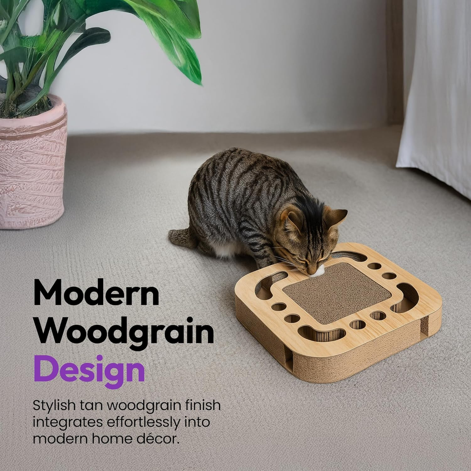 2-In-1 Cardboard Cat Scratcher with Jingle Ball &ndash; Cat Lounge Scratch Pad & Interactive Toy, Anxiety & Stress Relief (Square) image number 3