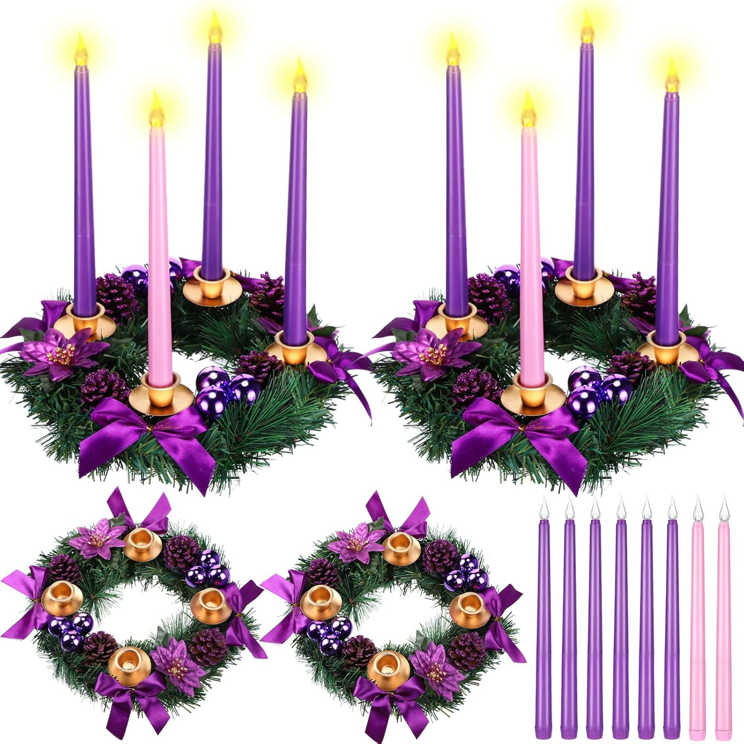 Fumete 2 Set Christmas Advent Wreath 11.8 Inch Purple Ribbon Poinsettia Ball Berry Advent Candle Holder with 8 Flameless Taper Candles for Table Centerpiece Decoration Holiday Party Home Church image number 2