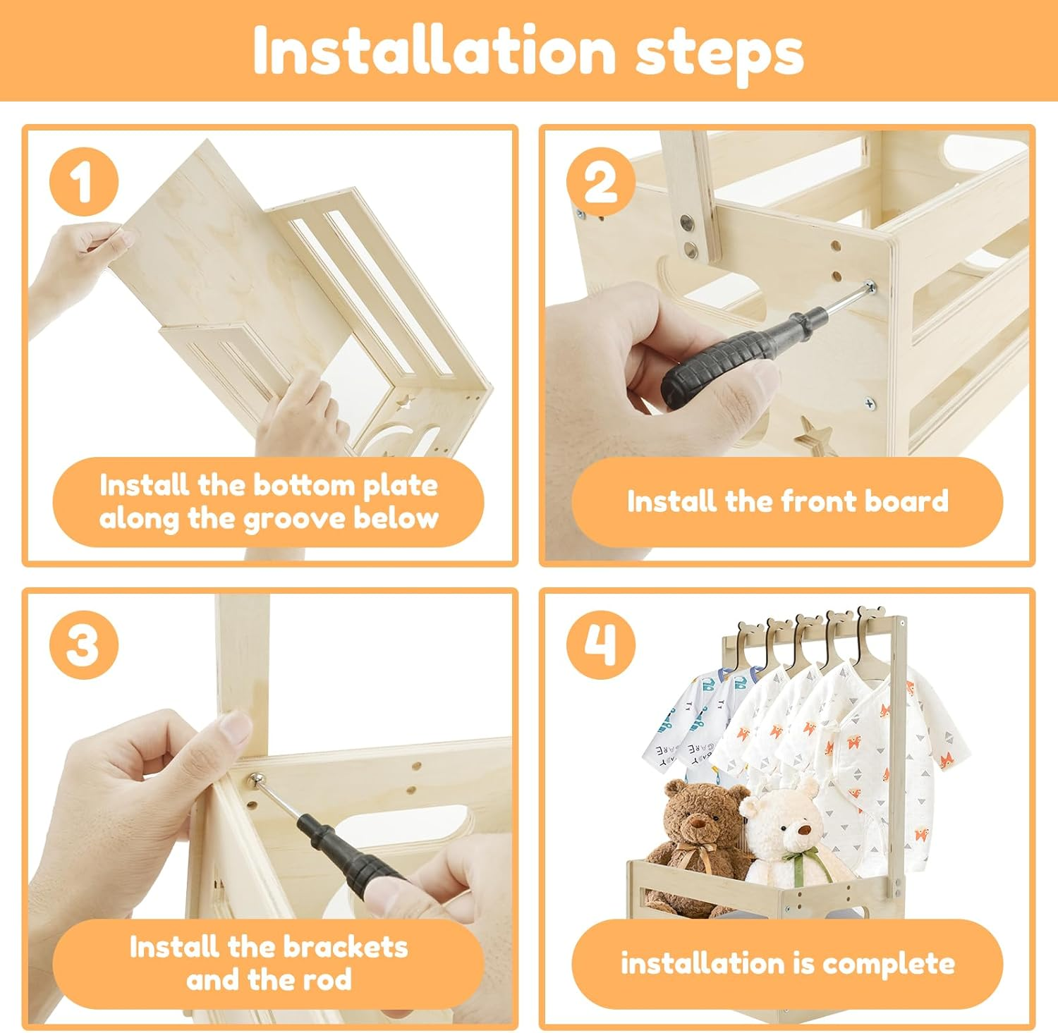 Rustic Wood Baby Storage Crate with 5 Hangers, Large Capacity, Portable Handle, Brown image number 6