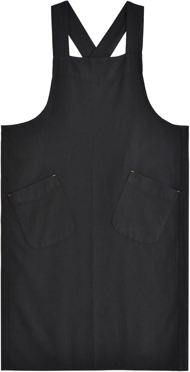 Surblue Cotton Linen Aprons for Women Cross Back Kitchen Apron with Pockets Pinafore Dress for Baking Cooking Gardening Work