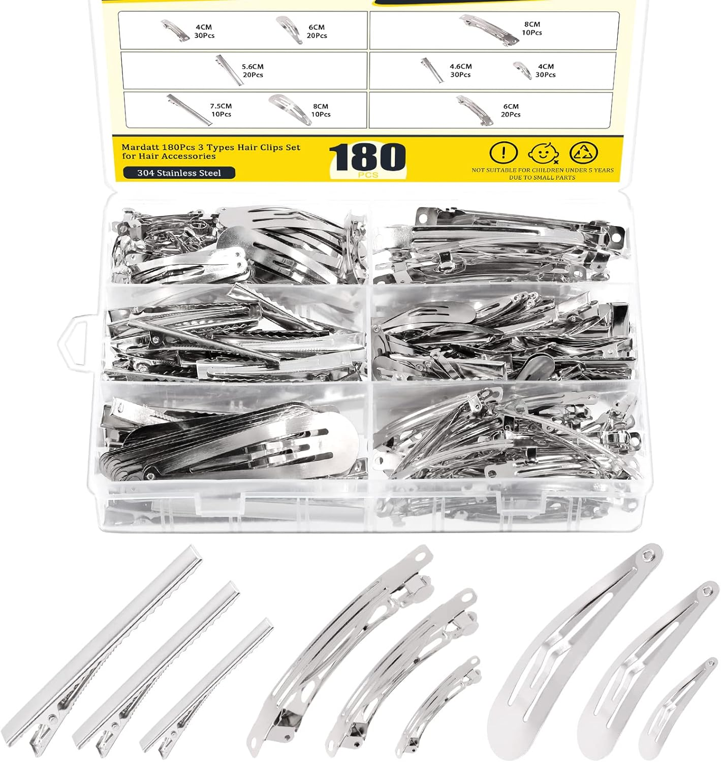 Mardatt 180 Pcs 9 Style Metal Hair Clip Assortment Set Silver Snap Hairpin French Blank Barrettes Single Prong Pin Curl Sectioning Clips Accessories for DIY Hairdressing Making Hair Care