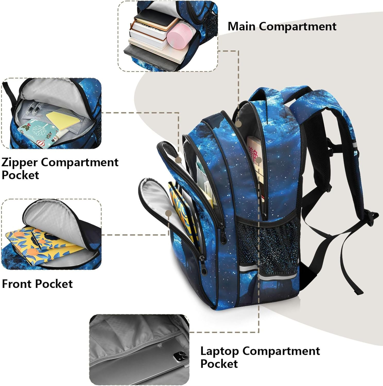 Wolves Howling Moon Night Kids Backpack Girls Boys Custom School Bag Lightweight Bookbag Animal Print image number 1