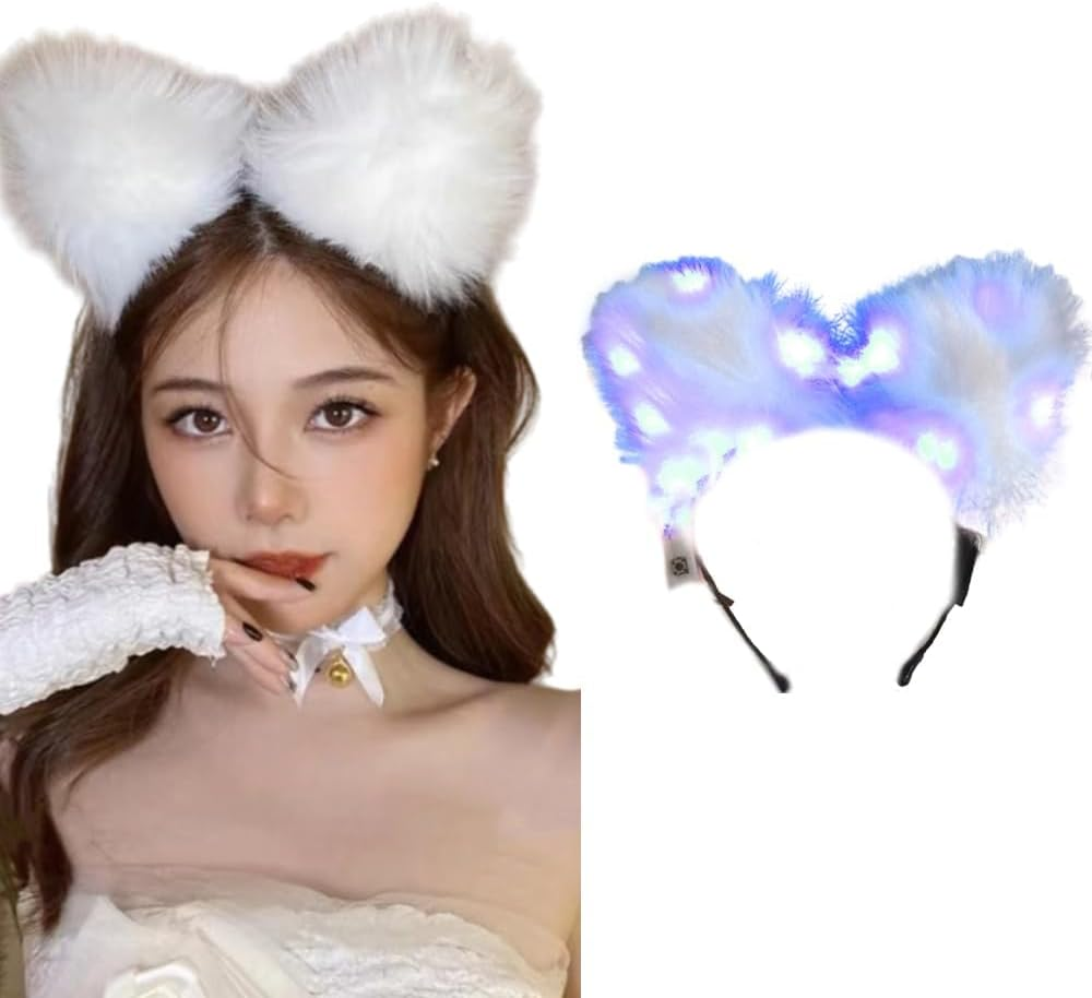 Light up Headbands LED Cat Ears Headband Faux Fur Hair Hoop Cute Colored Light for Xmas Party Cosplay Halloween Birthday image number 3