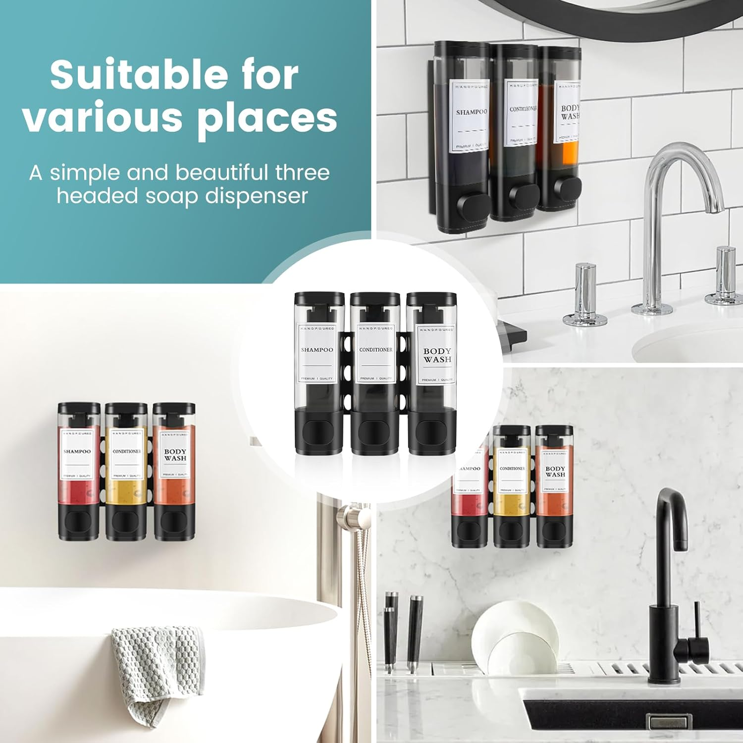 No Drill Shower Soap and Shampoo Dispenser - 3 Chamber Wall Mounted for Bathroom (Black)