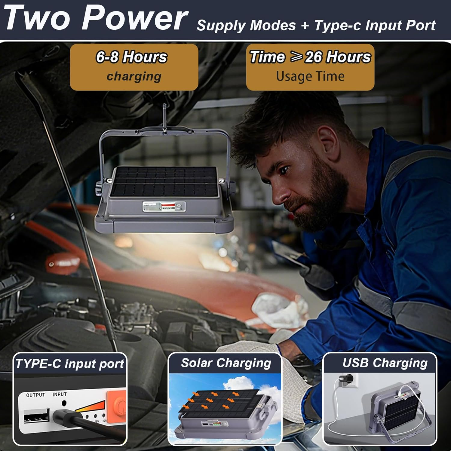 LED Solar Work Light 100W Portable Worklights with 5Modes Rechargeable Flood Light Waterproof Outdoor Working Lamp for Camping Garage Car Repairing Construction Site Lighting image number 1